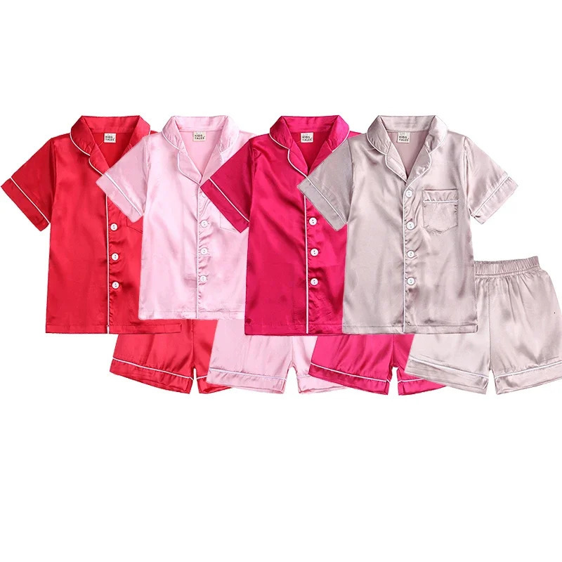 2024 Summer Children Clothes Pajama Set Stain Silk Soft Solid Color Comfortable Kids Girls Boys Pajamas Sleepwear Suit 240506