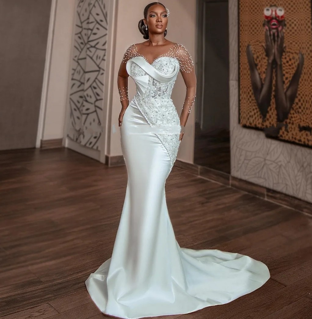 African Satin Mermaid Wedding Dress 2025 for Bride Sheer Neck Long Sleeve Appliques Beading Bridal Formal Gowns Civil Vestidos De Noivas