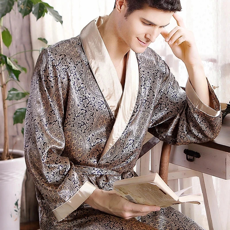 Men Bath Robe Satin Print Gold Kimono Bathrobe Silk Long Dressing Gown Plus Size Sleepwear Geometric Lounge Nightgown XL 4XL 5XL 240428