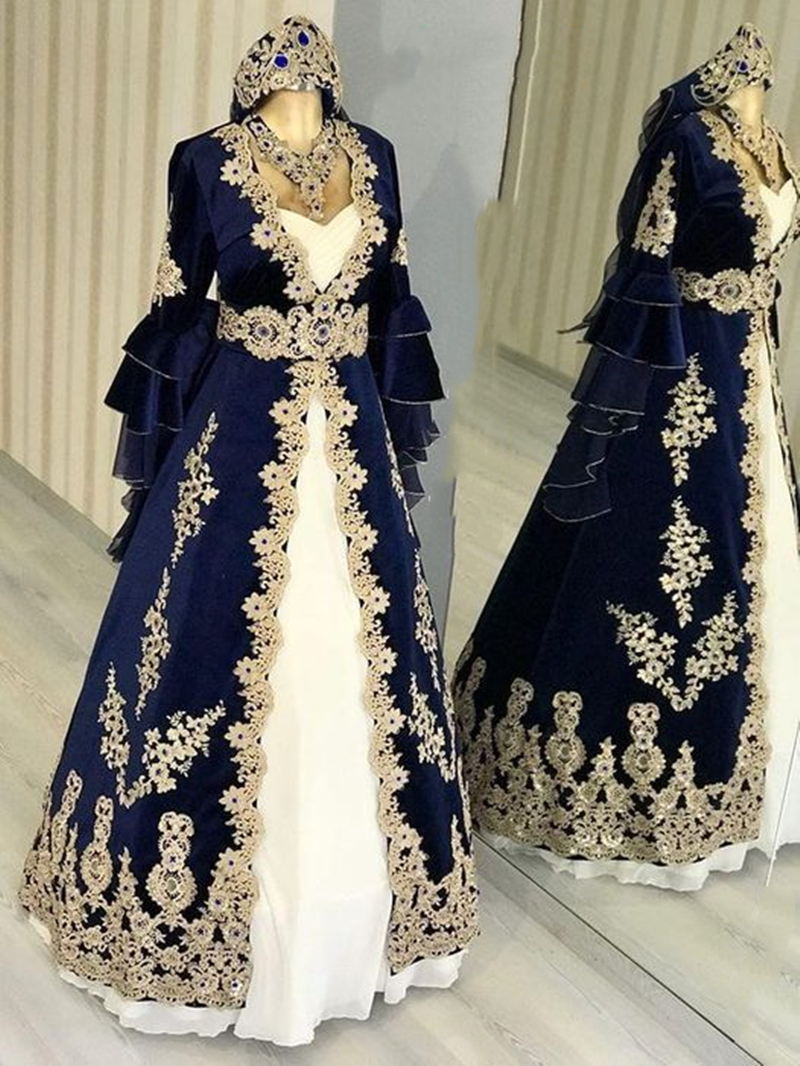Traditional Turkish Evening Dresses With Bell Long Sleeves Floor Length A Line Formal Occasion Gowns 2024 Elegant Navy And White Arabic Muslim Prom Dr