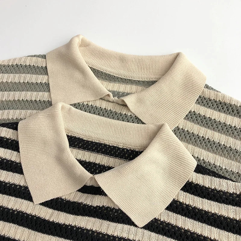 Spring Autumn Children Knitting Hollow Out Polo Shirt Girl Baby Loose Short Sleeve Pullover Tops Boy Kid Casual Striped Tees 240506