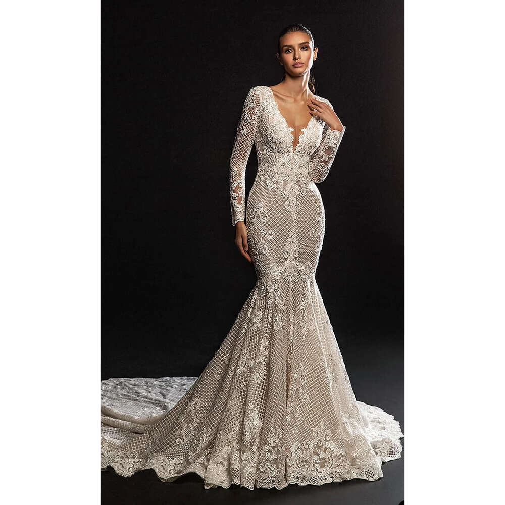 Dresses Wedding V Neck Long Sleeves Mermaid Gorgeous Whole Body Lace Applicants Zipper Chapel Custom Made Plus Size Bridal Gown Vestidos De Novia
