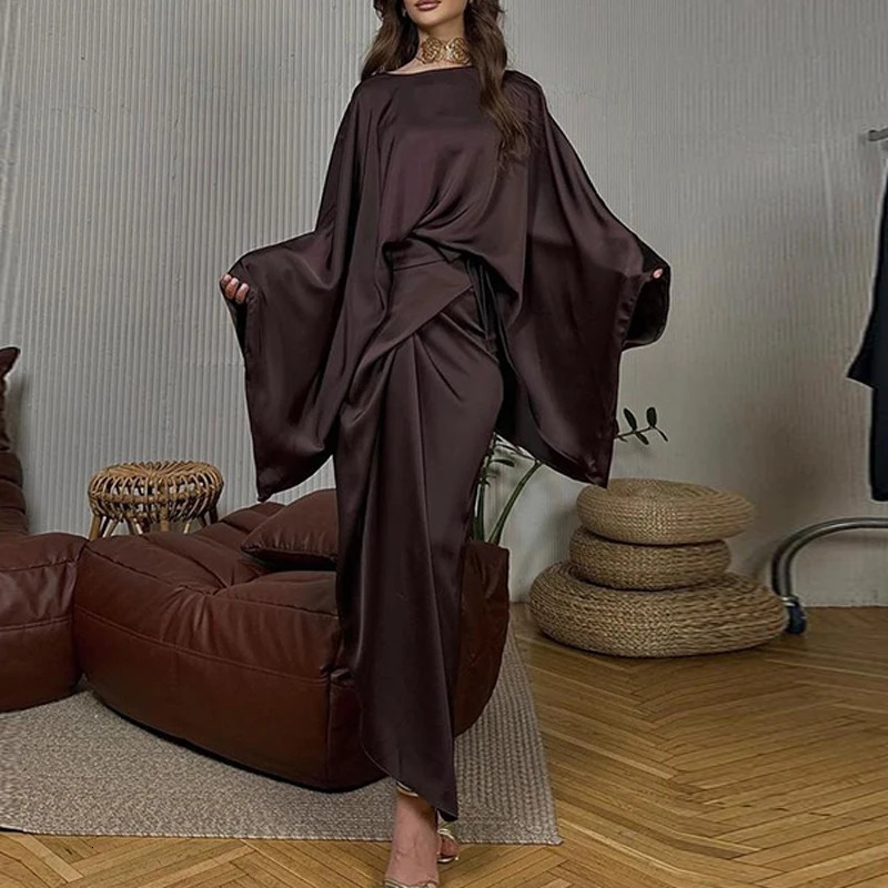 Women Sexy Solid Slim Bodycon Suit Spring Oneck Batwing Sleeve Top Pullover Boho Long Skirt Outfit Autumn Satin 2pcs Set 240423