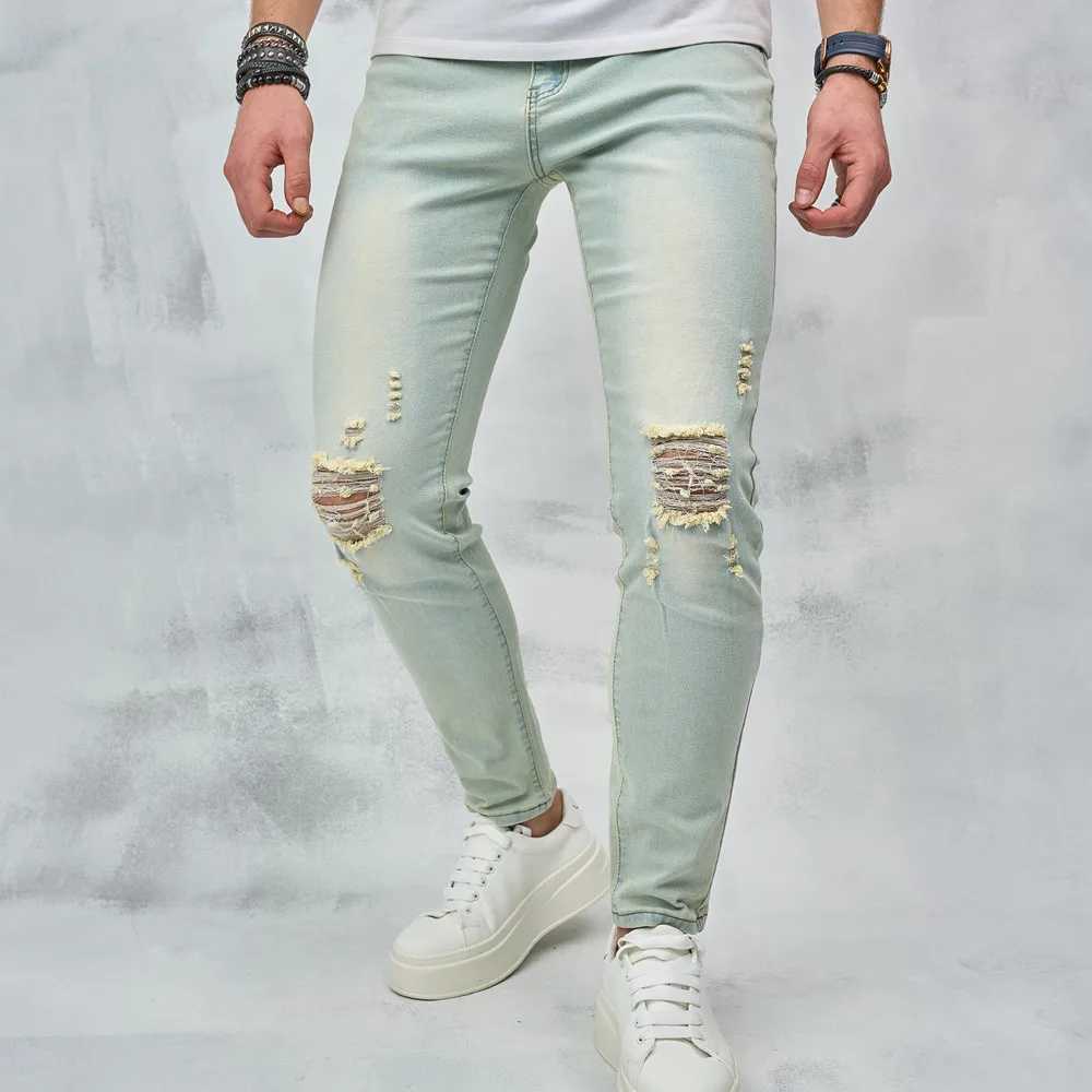 Men's Jeans Vintage Blue Simple Solid Holes Skinny Men Jeans Trousers Stylish Ripped Stretch Male Cotton Casual Denim Pants Y240507