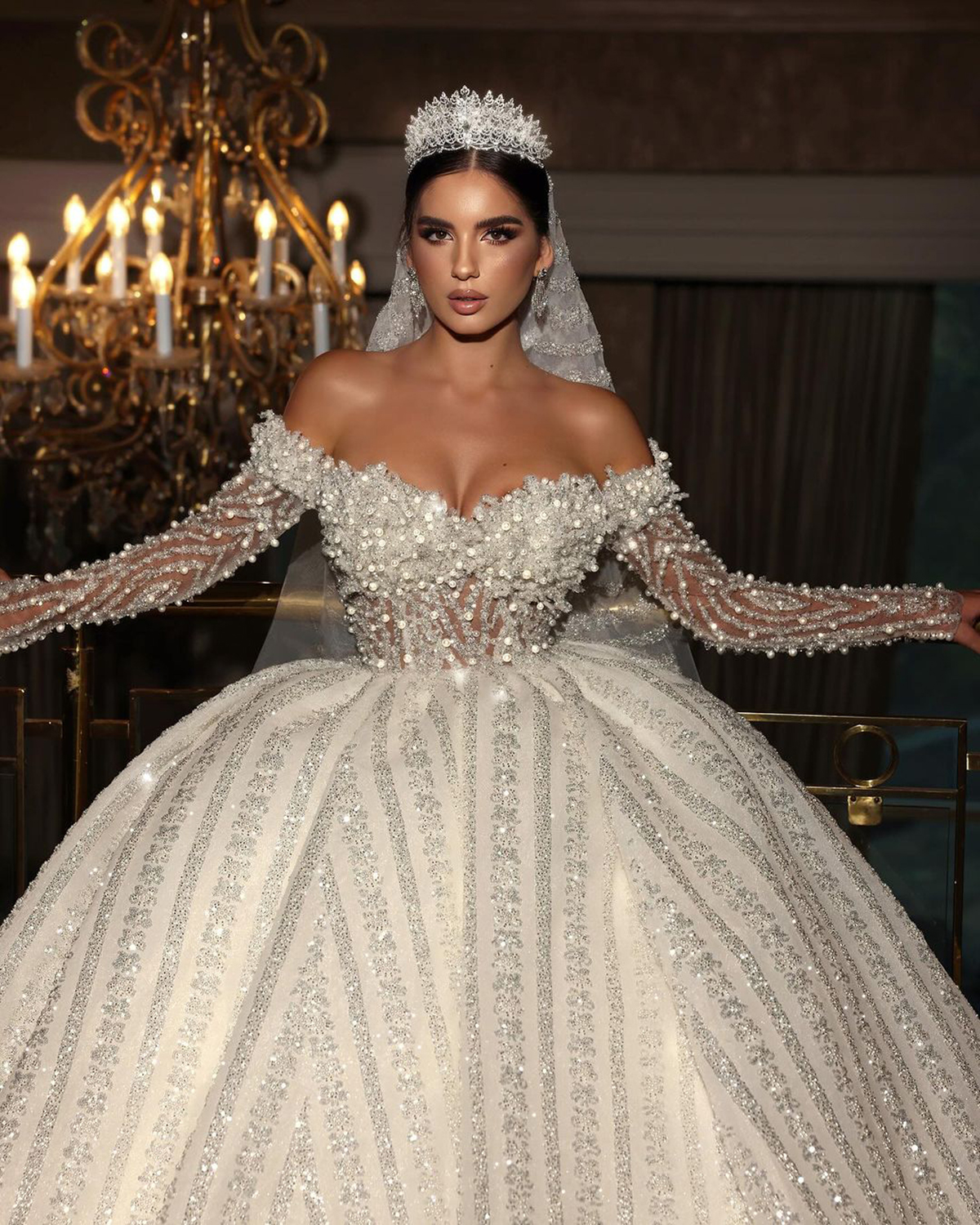 urious Off The Shoulder Ball Gown Wedding Dresses Sexy Long Sleeve Beading Pearls Bridal Gowns Glitter Sequins Vestido de novia
