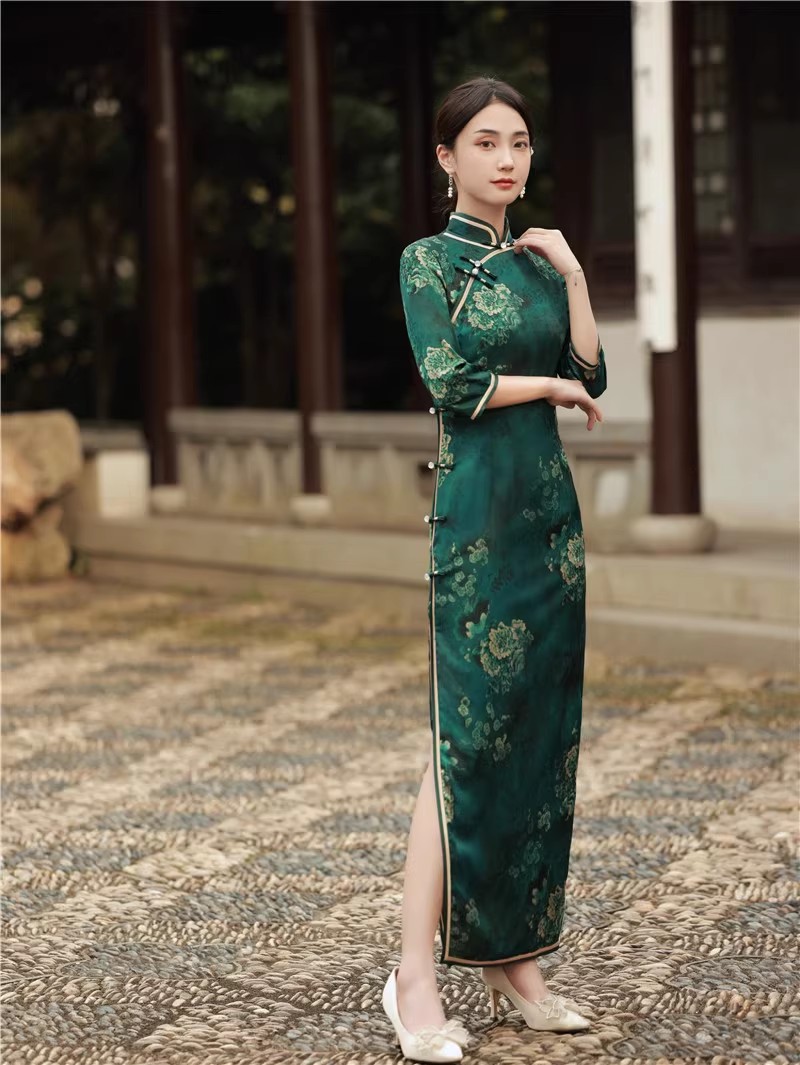 Trational Cheongsam Maxi Dress Sexy Long Split Chinese Qipao Slim Evening Party Dress