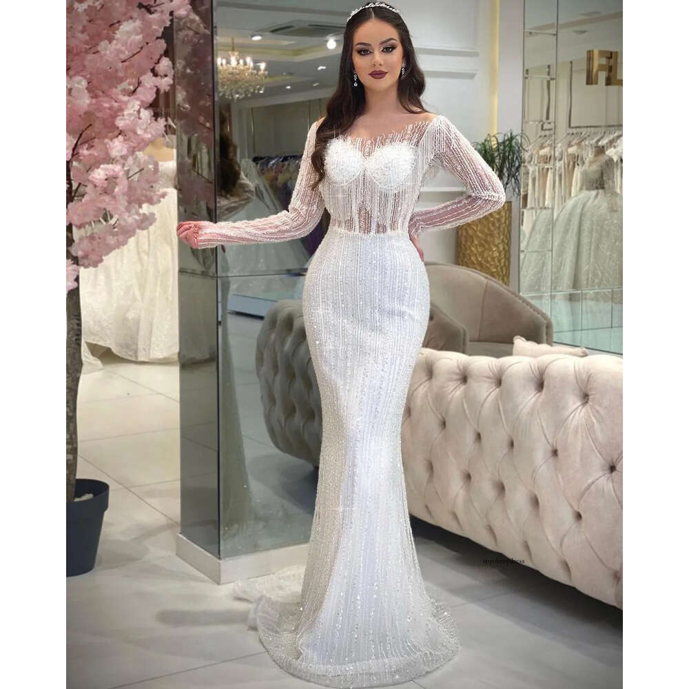 Mermaid Prom Dresses Long Sleeves V Neck Tassel Appliques Sequins Floor Length Celebrity 3D Lace Hollow Evening Dress Bridal Gowns Plus Size Custom Ma