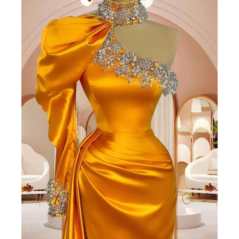 Neck One High Dresses Sleeve Mermaid Prom Attarctive Satin Beads Pearls Side Split Backless Court Gown Plus Size Custom Made Party Dress Vestido De No