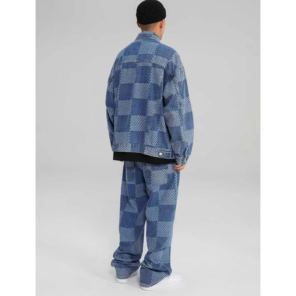 Autumn Denim Set Men Women Plaid Patchwork Lapel Denim Jacket Wide Leg Straight Jeans Mens Casual Loose Two Piece Suit Unisex 240426