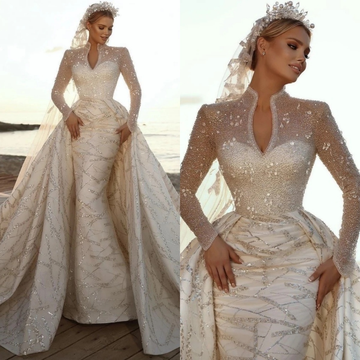 Glamorous Crystal Mermaid Wedding Dresses High Neck Bridal Gowns Sheer Long Sleeve Custom Made Sweep Train Bride Dress Vestidos De Novia 0219