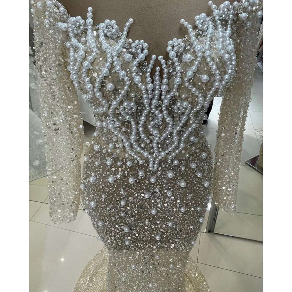 Dresses Squared Beads Pearls Glamorous Wedding Mermaid Long Sleeves Designer Court Custom Made Plus Size Bridal Gown Vestidos De Novia