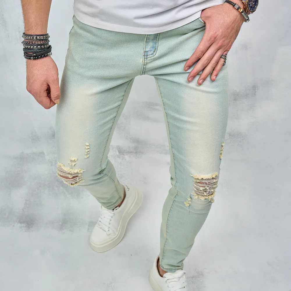 Men's Jeans Vintage Blue Simple Solid Holes Skinny Men Jeans Trousers Stylish Ripped Stretch Male Cotton Casual Denim Pants Y240507