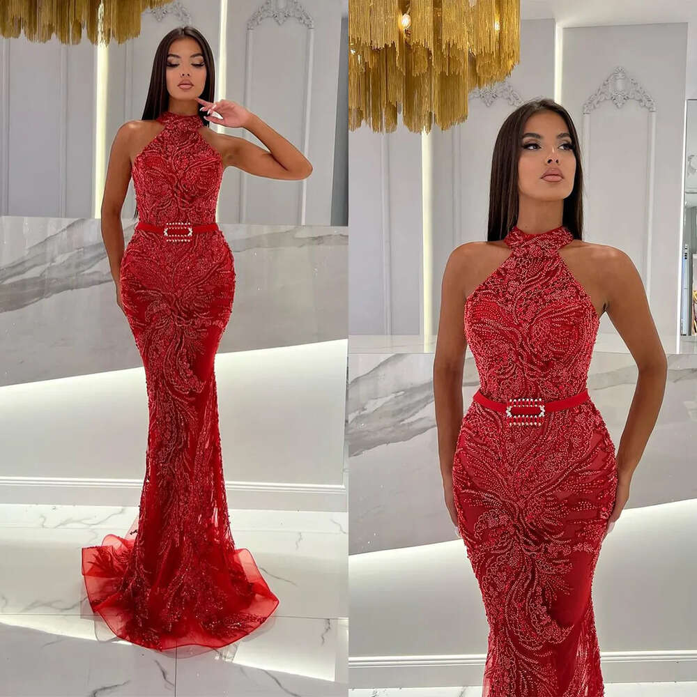 Sleeveless Classic Appliques Prom Dresses Jewel Mermaid Lace Tulle Ruffles Belt Or Length Zipper Plus Size Custom Made Party Dress Vestido De Noite