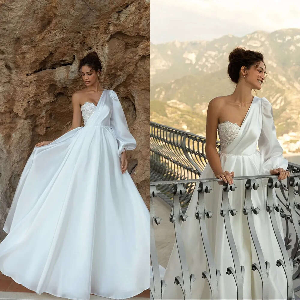 Made Elegant Mermaid One-Shoulder Custom Bridal Gowns Applique Race Or-Length Wedding Dresses Court Train Satin Ruched Tulle Beach Vestido De Noiva 09