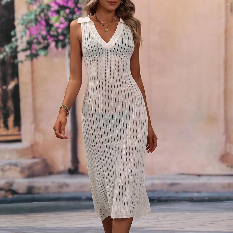 Sexy See-Through Swimsuit Tunic V-neck Solid Color Sleeveless Mesh Beach Cover Up Dress Bohemian Seaside Womens Swimwear