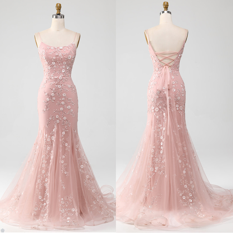 Lace Mermaid Prom Spaghetti Sleeveless Sweep Train Appliques Lace Up Flowers Design Beaded Celebrity Evening Dresses Plus Size Custom Made B 0509