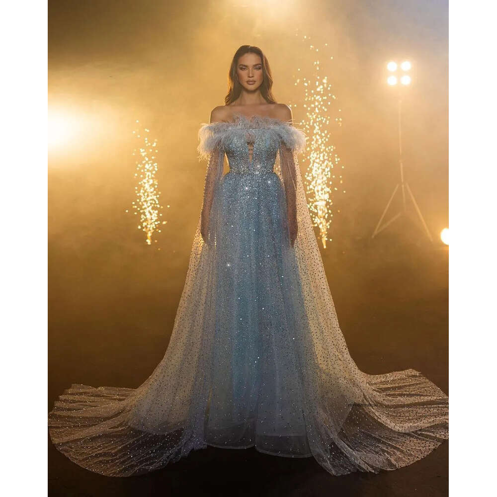 Blue A-E Prom Dresses Long Sleeves Bateau Feather Capes Appliques Sequins Beads Or Length Lace-Up 3D Lace Evening Dress Plus Size Bridal Gowns Custom 