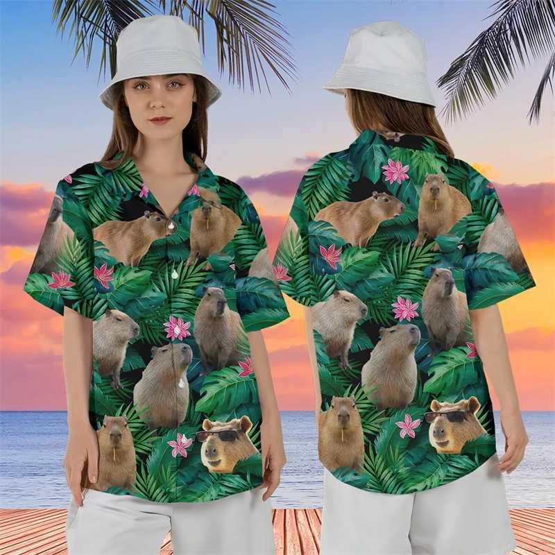 Men's Casual Shirts Capybara Hibicus Flower 3D Printed Shirts For Men Clothes Hawaiian Beach Shirt Casual Cute Animal Short Slve Women Blouses To