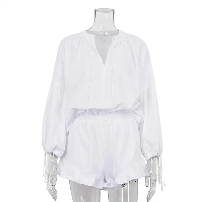 Women Casual 2 Piece Set Cotton Linen Long Sleeve Shirts and Shorts Spring Summer White Suit Chic Loose Female Outfits 240423