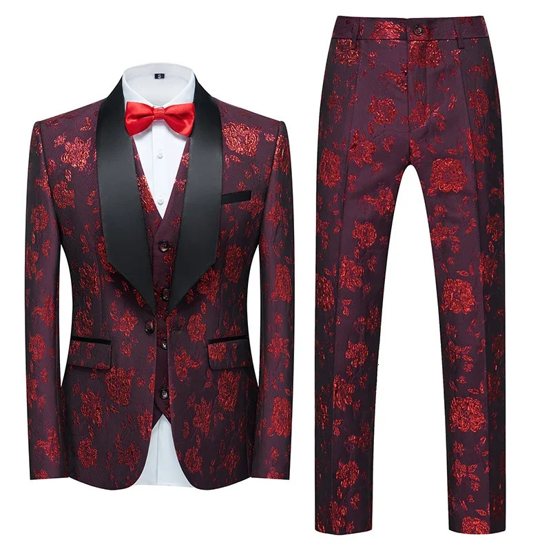 Fashion Mens Casual Business Wedding Flower Suits Coat Trousers 3 Pcs Set Male Printed Dress Blazers Jacket Pants Vest 240430