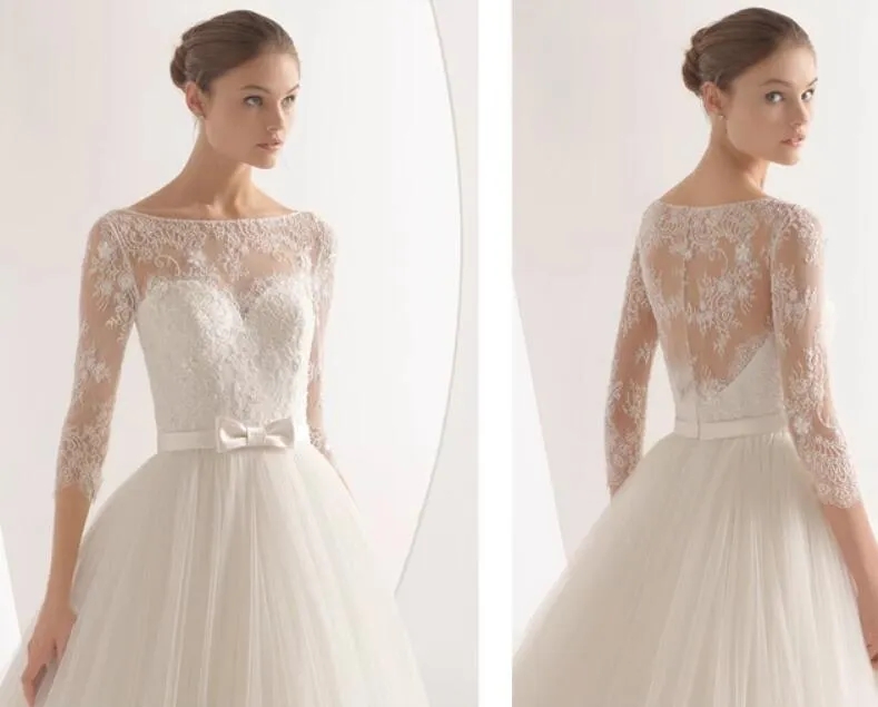 Batuau Lace and Tulle 3/4 Long Sleeve Ball Gown Wedding Dresses Beach Court Train Bride Gown