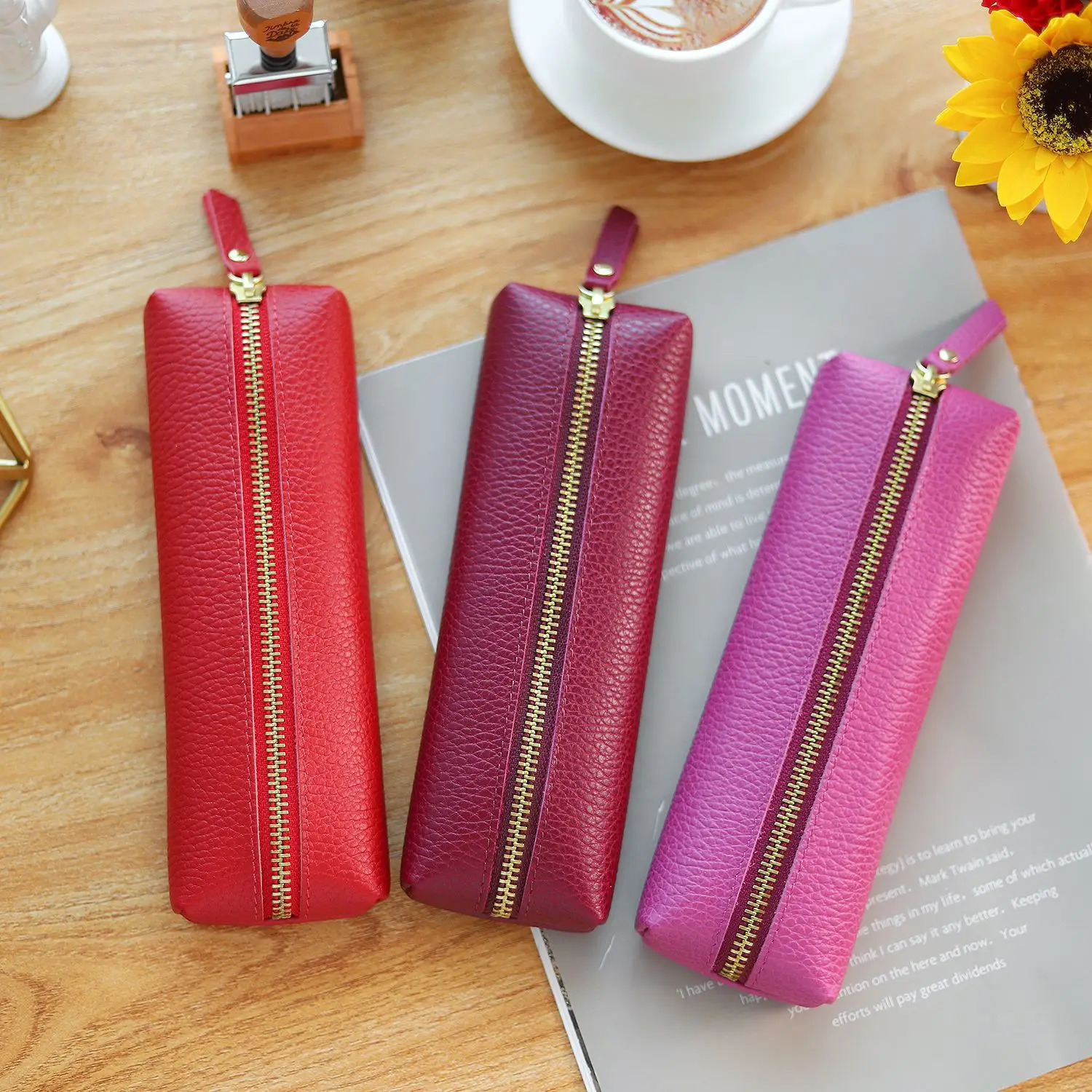 Monogrammed Letters Genuine Pebble Leather Zipper Pen Case Pencil Bag Large Capacity Handmade Creative School Stationary 240426