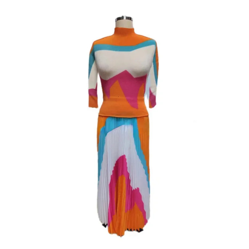 Summer Miyake Printing Color Matching Corn Pleated Long Sleeve Half High Neck Slim Fit Top Two Piece Pleated Skirt Set 240429