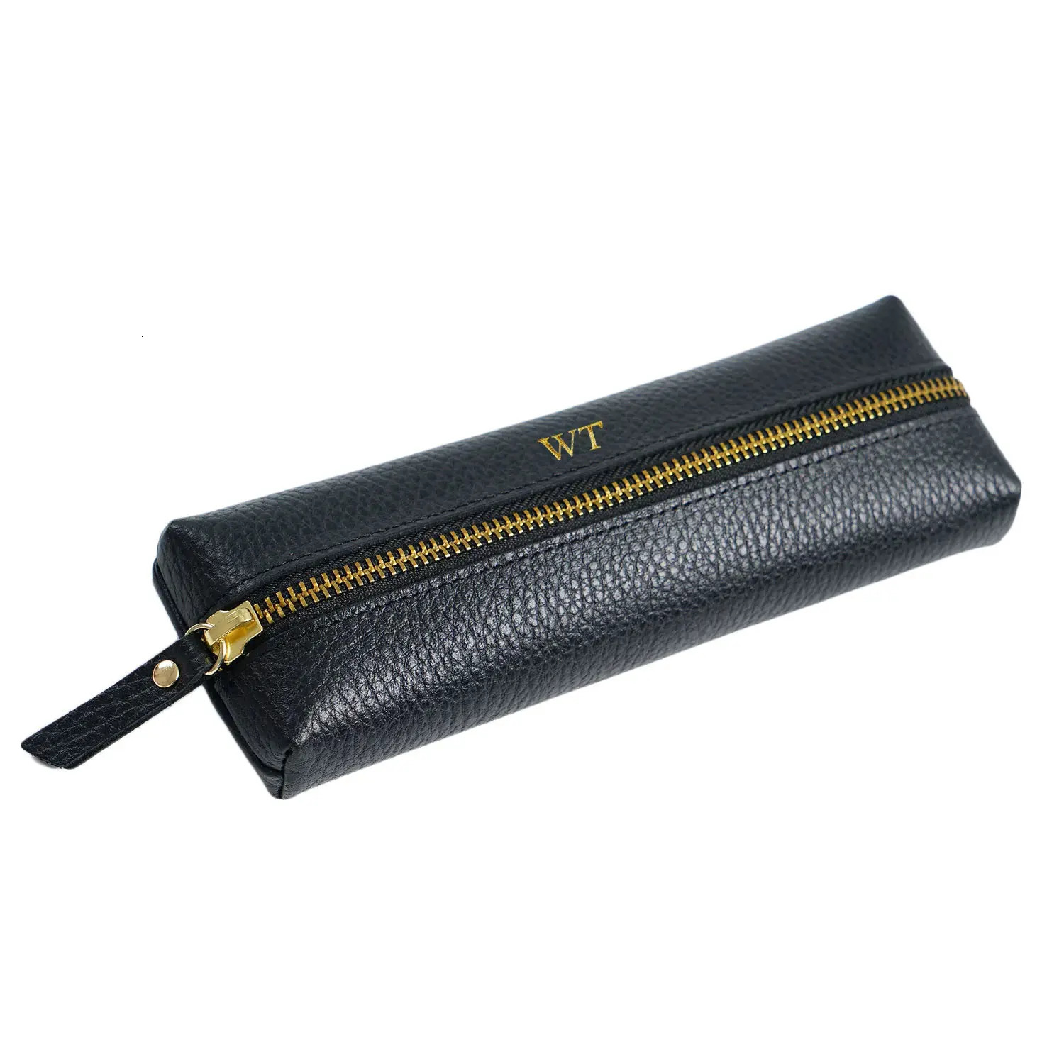 Monogrammed Letters Genuine Pebble Leather Zipper Pen Case Pencil Bag Large Capacity Handmade Creative School Stationary 240426