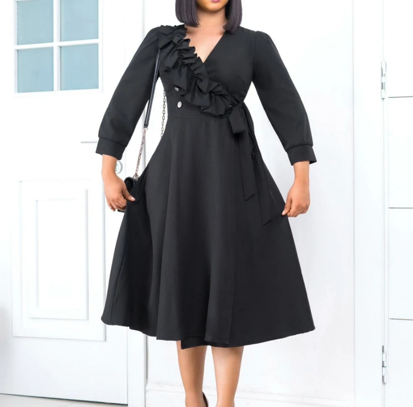 Casual Dresses 2024 Spring/Summer Womens Elegant And Fashionable Temperament Solid Color V-neck Pleated High Waisted Large Swing Skirt