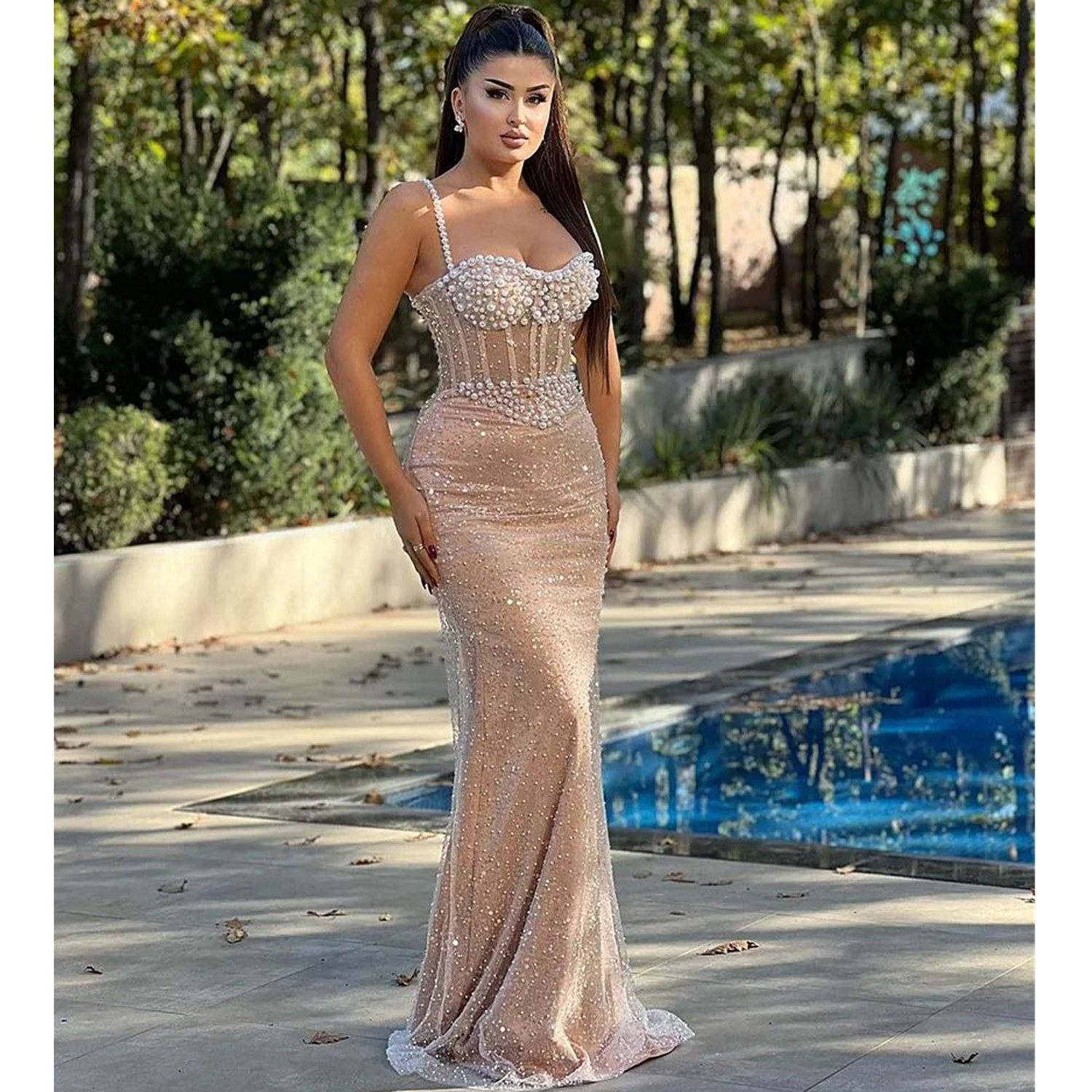 Luxury Pearls Women Evening Dresses Sweetheart Sleeveless Prom Gowns Sequins Beads Formal Party Dress For Party Custom Made Robe De Soiree