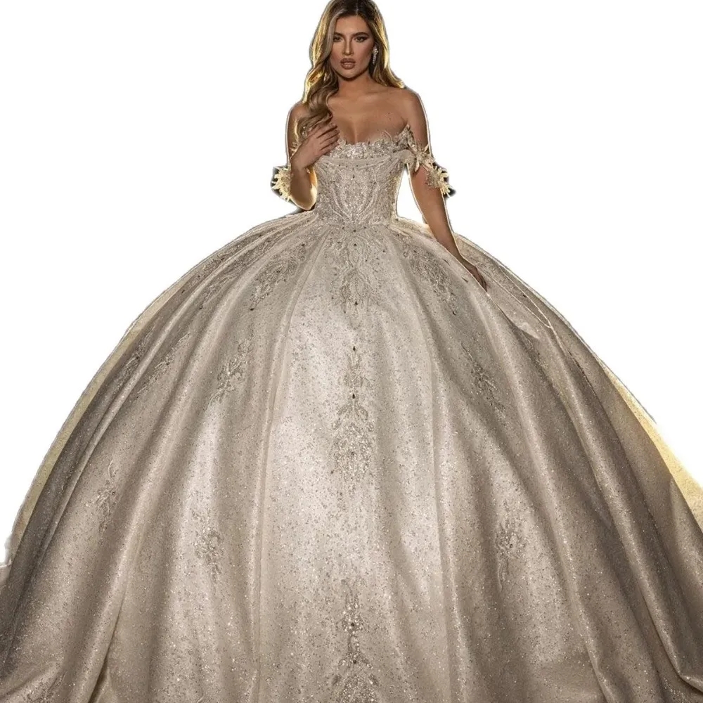 Stunningbride 2024 Luxurious Beads Arabic Wedding Dresses Ball Gown Off The Shoulder Lace Bridal Dress Applique Sequins Custom Made
