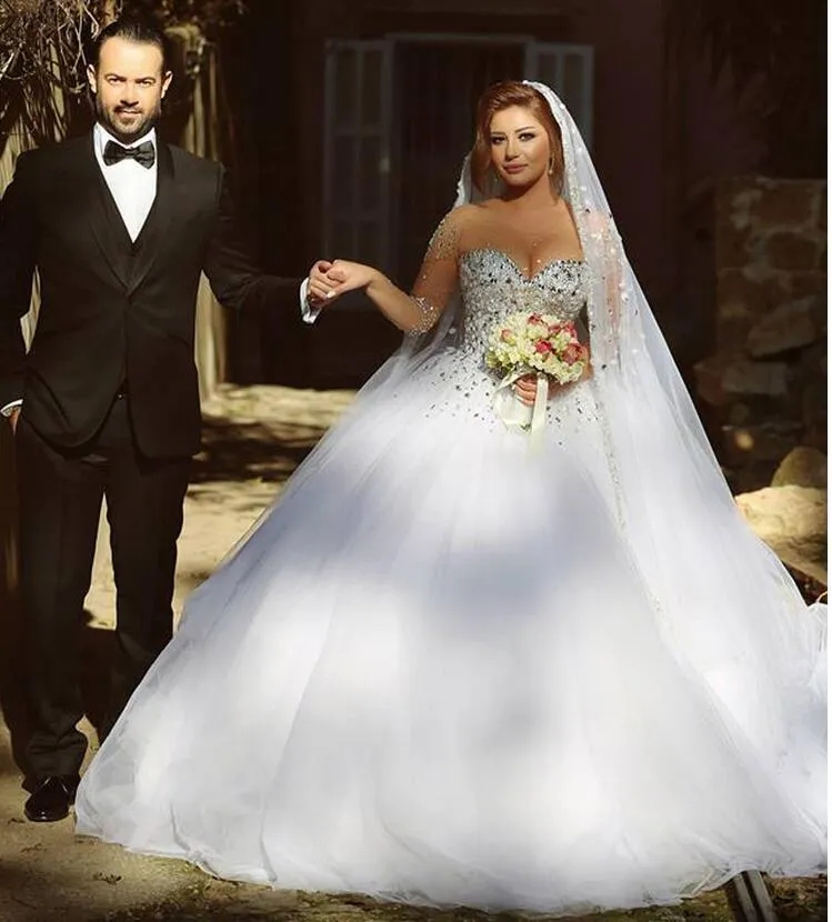 Dresses Crystal Bridal Gowns Beads Sheer Long Sleeves Wedding Dress Crystals Backless Or Length Tulle Bd019 6660312