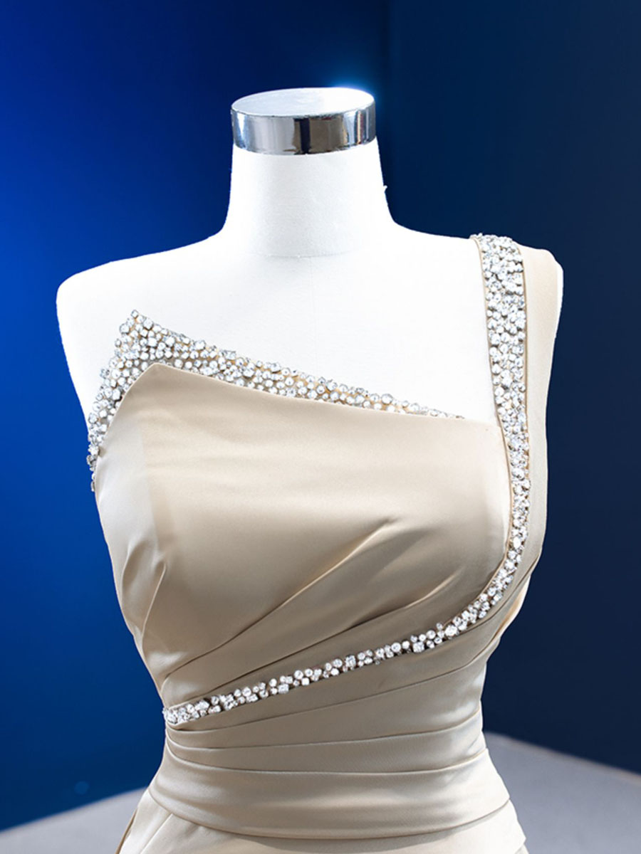 Evening Dresses 2024 Real Pictures Champagne Long Formal Dresses Elegant One Shoulder Satin with Sequins Beads Court Train Royal Blue, Burgundy, Green