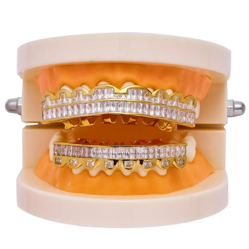 Hip Hop Iced Bling Baguette Zircon Teeth Grills for Women Men Body Piercing Jewelry Hollown Rapper Tooth 8 Top 8 Bottom 240504