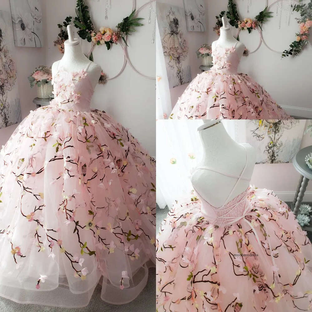 Newest Ball Gown Flower Girl Sleeveless Tulle Lace Applique Wedding Dress Floor Length Girl's Birthday Part 0508