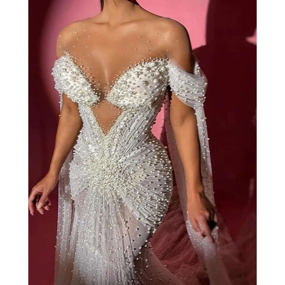 V Neck Massive Sleeveless Mermaid Dresses Gorgeous Prom Pearls On Tulle Side Split Pleats Court Gown Custom Made Plus Size Party Dress Vestido De Noit