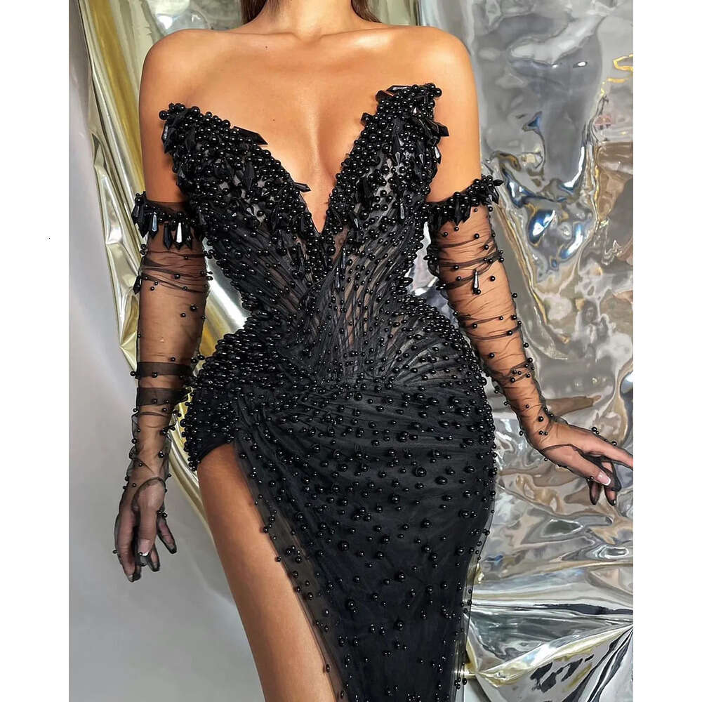 V Neck Massive Sleeveless Mermaid Dresses Gorgeous Prom Pearls On Tulle Side Split Pleats Court Gown Custom Made Plus Size Party Dress Vestido De Noit