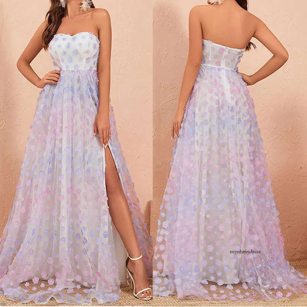 Summer A-Line Prom Strapless Sleeveless Floor Length Flowers Lace Side Split Ruffle Pick-ups Celebrity Evening Dresses Plus Size Custom Made B5007 050