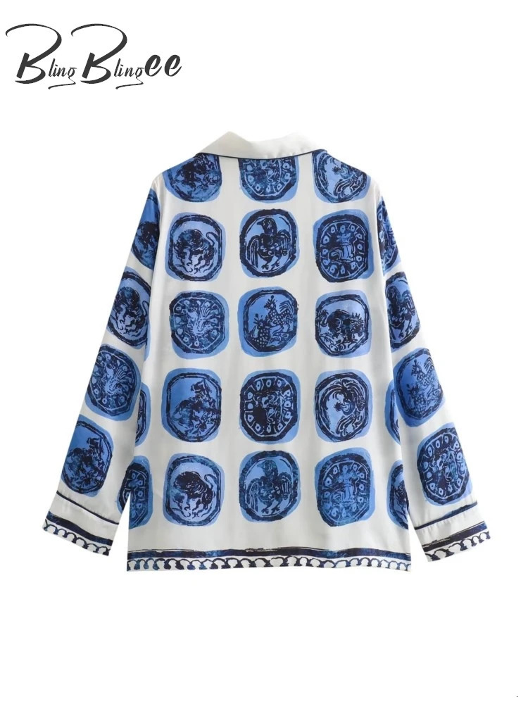 BlingBlingee Pajama Style Women Loose Shirt Suits Traf Summer Printed Long Sleeve Satin Blouse Female Wide Leg Ankle Pants Sets 240428