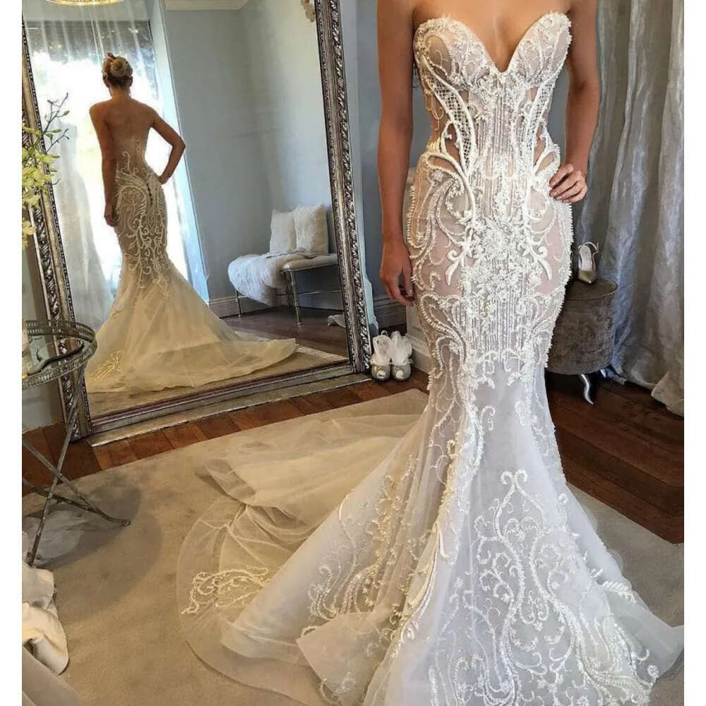 Applique Lace Mermaid Neck Newest Sweetheart Dresses Sexy Bridal Gowns Sweep Train Custom Made Wedding Dress Vestidos De Novia 6660306
