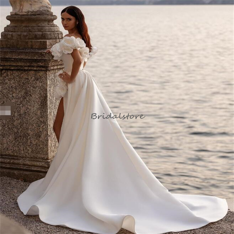 Luxe 3D Florals Wedding Dresses 2024 Sexy High Slit Destination Mermaid Overskirt Beach Wedding Gowns Elegant Dream Satin Country Boho Bride Dress Rob