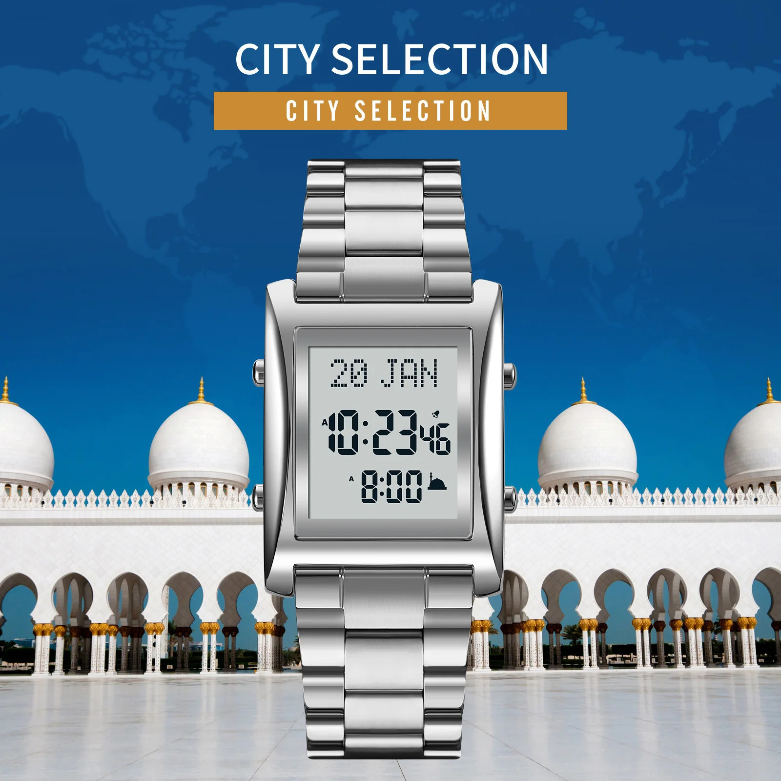 Azan Watch for Muslim Prayer with Qibla Compass Islam Al-Harameen Fajr Time Clock Include Hijri Calendar 240428