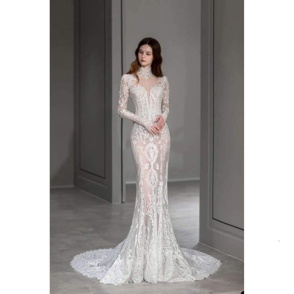 Mermaid Dresses Simple Gown Wedding Ball With High Neck Long Sleeve Appliques Lace Slim Line Chic Bridal Gowns Custom Made Vestidos De Novia S