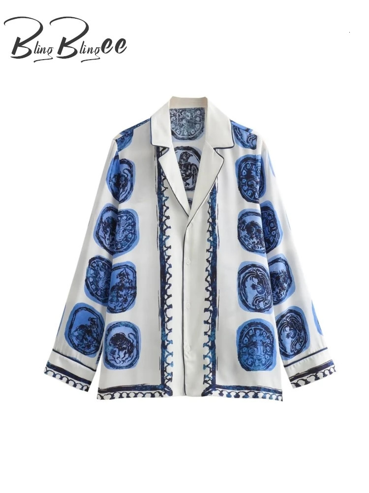 BlingBlingee Pajama Style Women Loose Shirt Suits Traf Summer Printed Long Sleeve Satin Blouse Female Wide Leg Ankle Pants Sets 240428