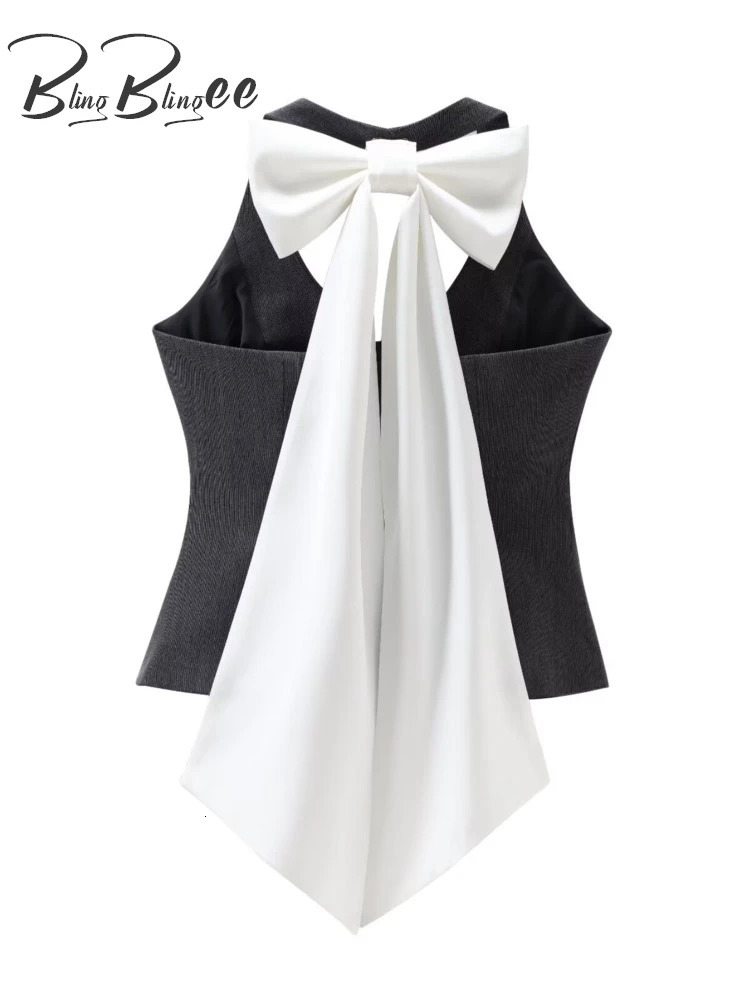 BlingBlingee Y2K Women Halter Crop Top Mini Skirt Suits Traf Summer Remove Big Bow Patchwork Sleeveless V Neck Slim Vest Sets 240423