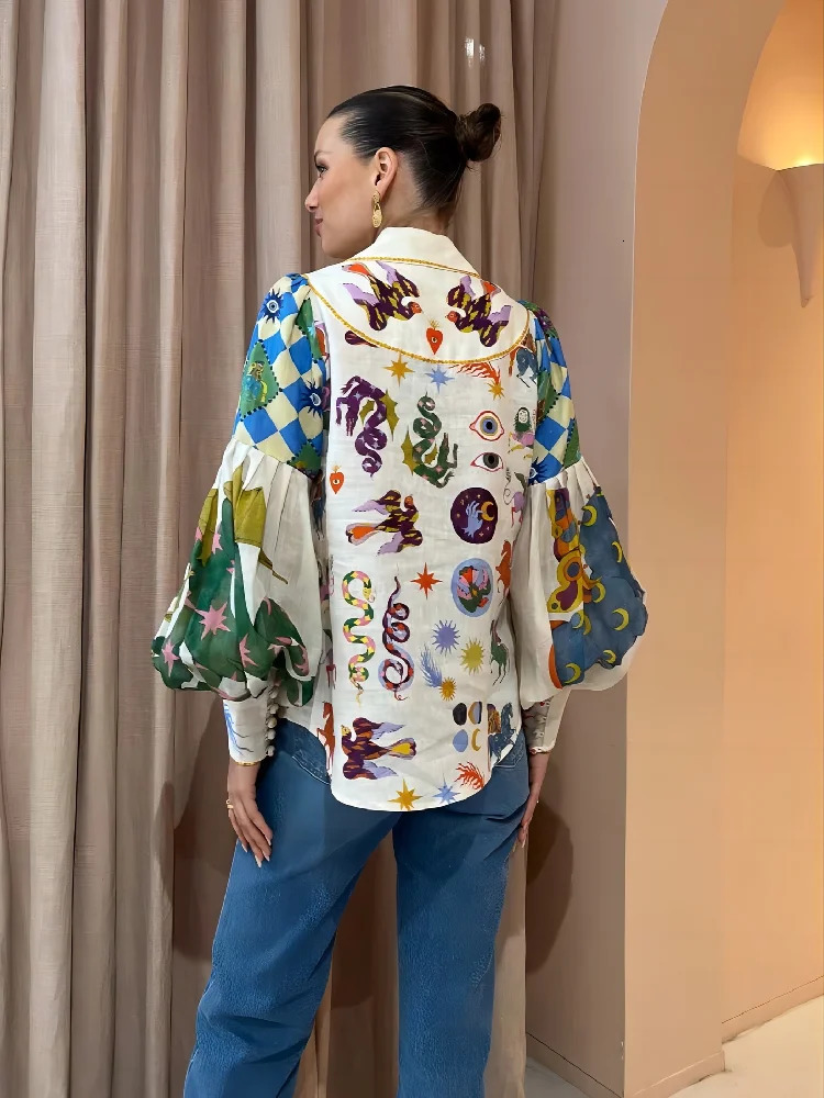 Women Printed Lantern Sleeve Shirts Turn-down Collar Tops Ladies Vintage Chic Holiday Casual Streetwear 240423