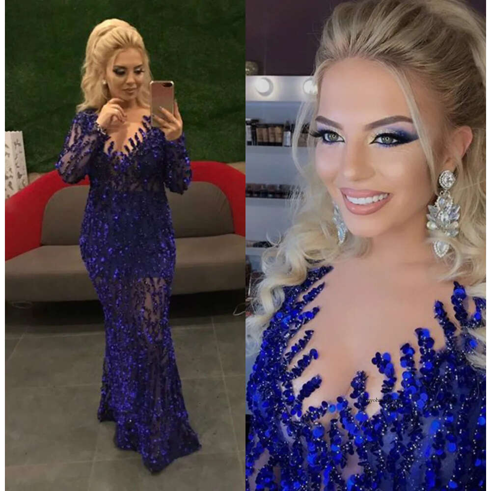 2020 New Arrival Mermaid Evening V Neck Long Sleeve Tulle Lace Formal Dresses Floor Length Zipper Beads Party Gown 0508