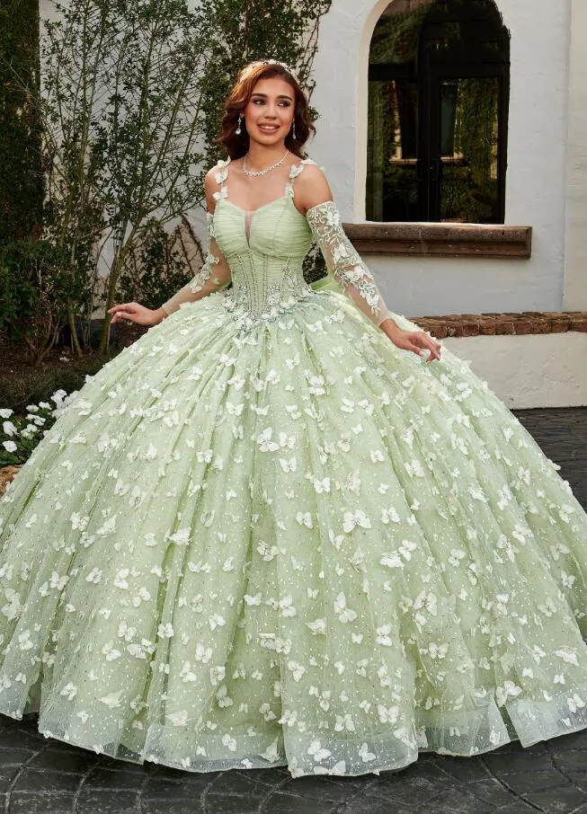 Sage Butterfly Princess Quinceanera Dresses With Bow Back Detachable Long Sleeves Straps Luxury Lace Prom Graduation Party Dress 2024 Floral Lace Vest