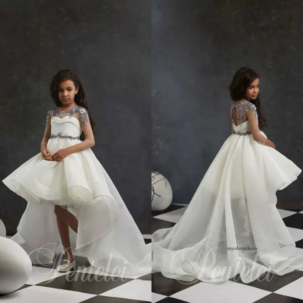 Lovely A Line Flower Girl Dresses Jewel Long Sleeve Hollow Lace Applique Pearls Pageant Dress High Low Girl's Birthday Party 0508