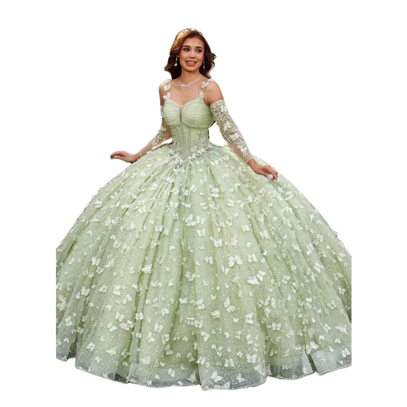 Sage Butterfly Princess Quinceanera Dresses With Bow Back Detachable Long Sleeves Straps Luxury Lace Prom Graduation Party Dress 2024 Floral Lace Vest